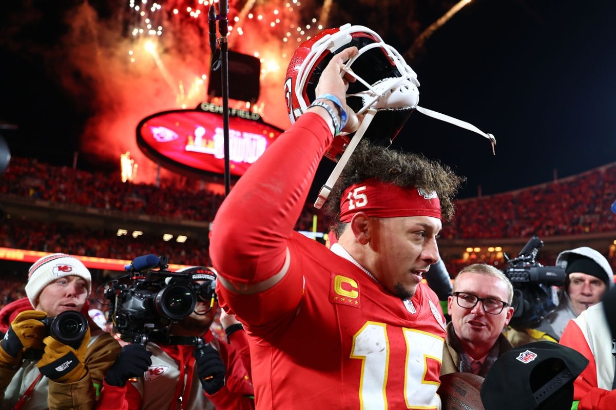 Jan 26, 2025; Kansas City, MO, USA; Kansas City Chiefs quarterback Patrick Mahomes (15) reacts after the AFC Championship game against the Buffalo Bills at GEHA Field at Arrowhead Stadium. Mandatory Credit: Mark J. Rebilas-Imagn Images
