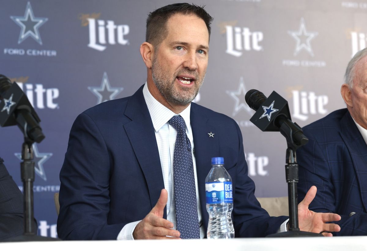 Jan 27, 2025; Frisco, TX, USA;   Dallas Cowboys Head Coach Brian Schottenheimer speaks to the media at a press conference at the Star.  Mandatory Credit: Tim Heitman-Imagn Images