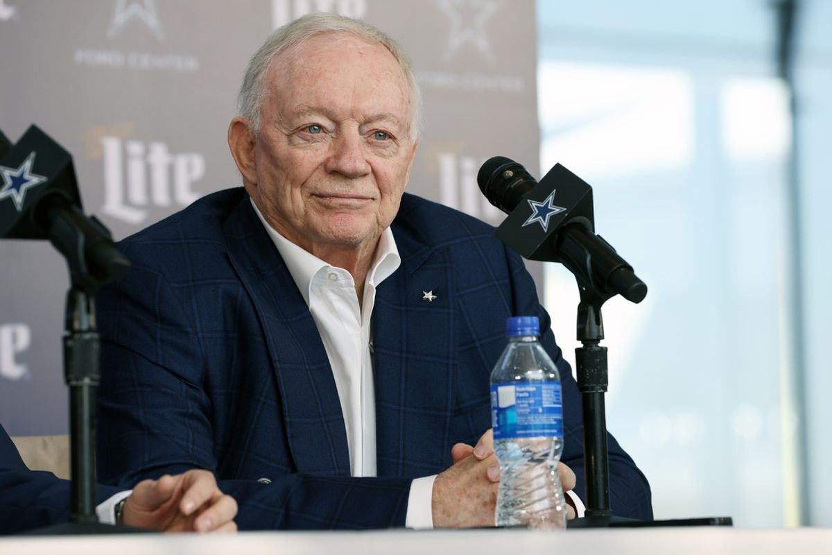 Jan 27, 2025; Frisco, TX, USA;   Dallas Cowboys owner Jerry Jones speaks to the media at a press conference at the Star.  Mandatory Credit: Tim Heitman-Imagn Images