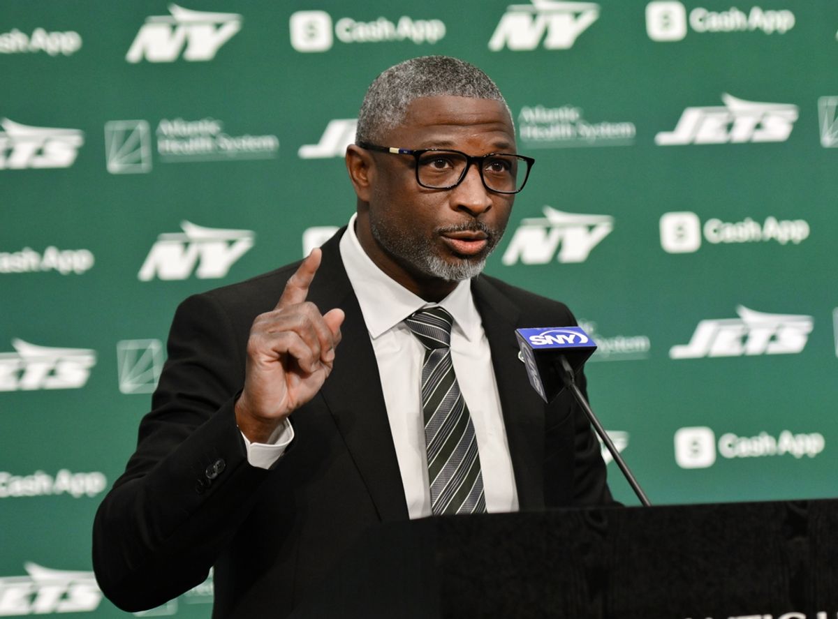 Jan 27, 2025; Florham Park, NJ, USA; New York Jets head coach Aaron Glenn speaks during his introductory press conference at Atlantic Health Jets Training Center. Mandatory Credit: John Jones-Imagn Images