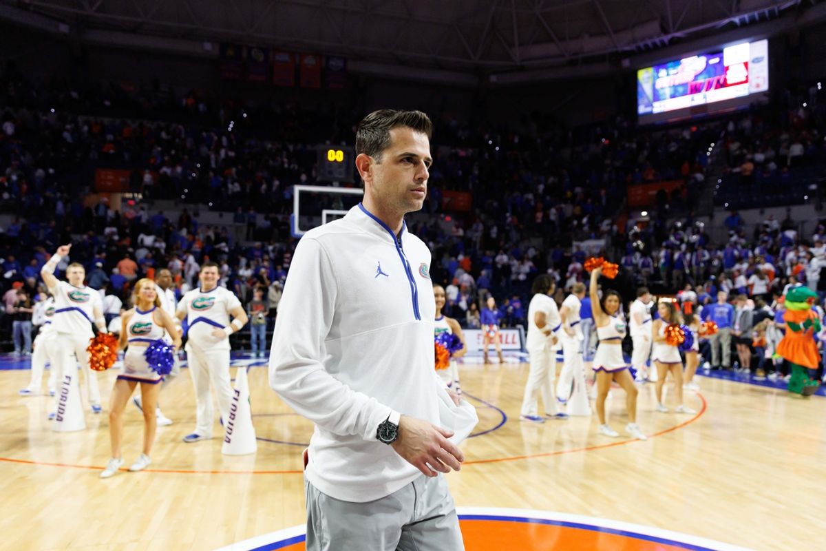 Jan 25, 2025; Gainesville, Florida, USA; Florida Gators head coach Todd Golden walks to center court after a game against the Georgia Bulldogs at Exactech Arena at the Stephen C. O'Connell Center. Mandatory Credit: Matt Pendleton-Imagn Images