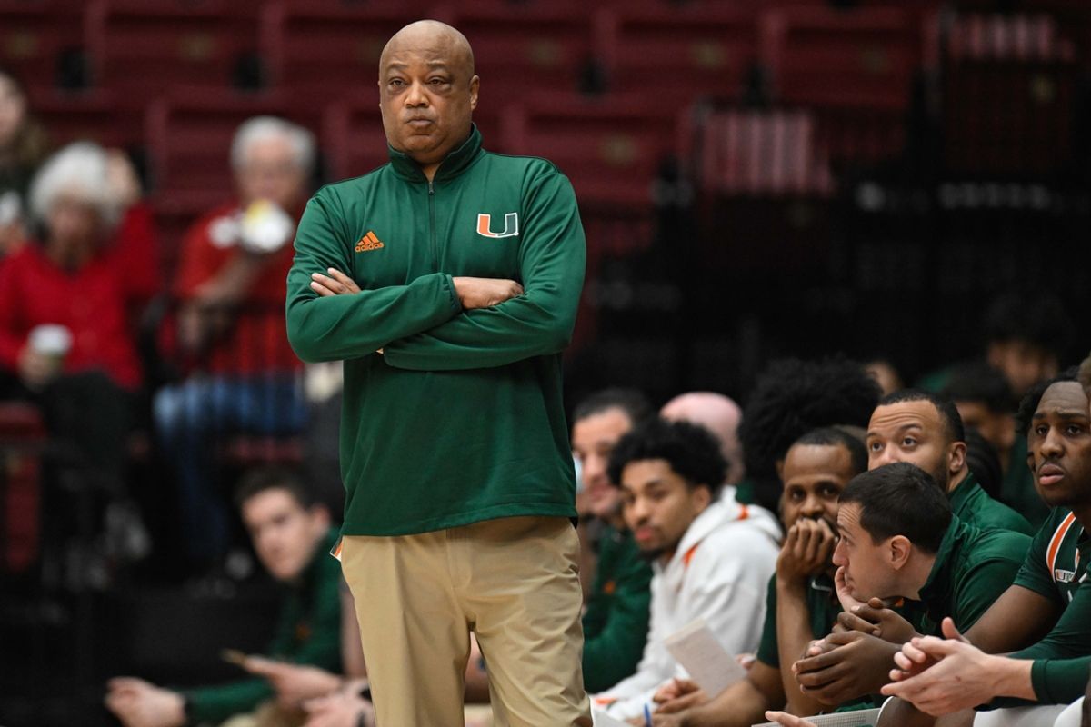 Jan 22, 2025; Stanford, California, USA; Miami (FL) Hurricanes interim head coach Bill Courtney looks on against the Stanford Cardinal in the first half at Maples Pavilion. Mandatory Credit: Eakin Howard-Imagn Images