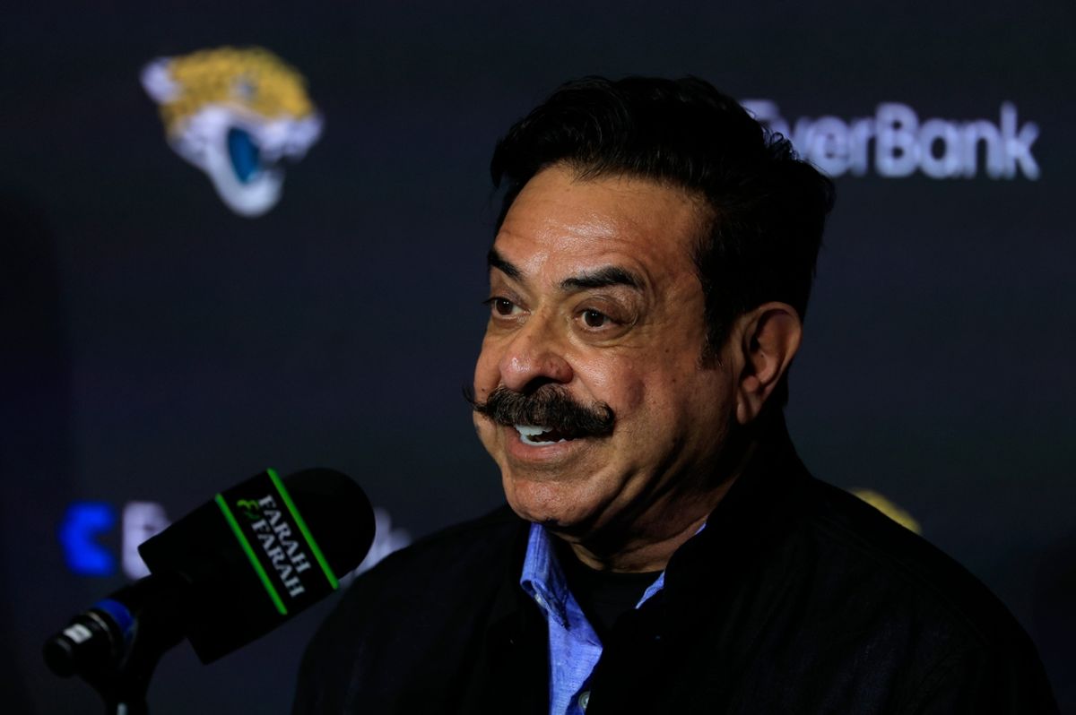 Jacksonville Jaguars owner Shad Khan fields questions after introducing Liam Coen as the new head coach during a press conference Monday, Jan. 27, 2025 at the Miller Electric Center in Jacksonville, Fla. [Corey Perrine/Florida Times-Union]