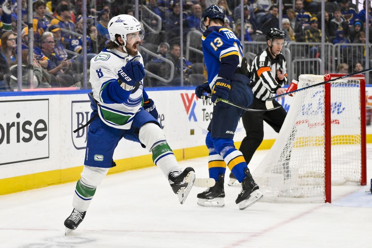 Jan 27, 2025; St. Louis, Missouri, USA;  Vancouver Canucks right wing Conor Garland (8) reacts after scoring against the St. Louis Blues during the first period at Enterprise Center. Mandatory Credit: Jeff Curry-Imagn Images