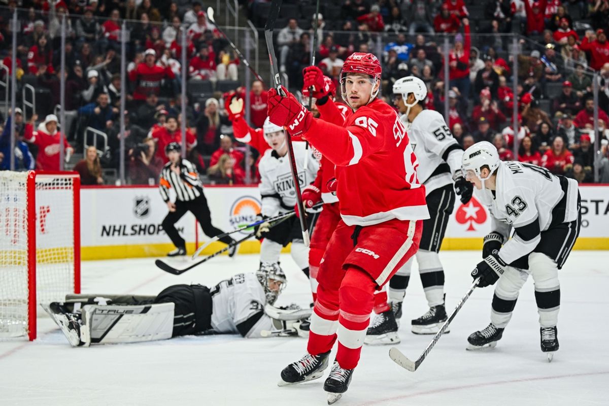 Jan 27, 2025; Detroit, Michigan, USA; Detroit Red Wings left wing Elmer Soderblom (85) celebrates his goal during the second period against the Los Angeles Kings at Little Caesars Arena. Mandatory Credit: Tim Fuller-Imagn Images