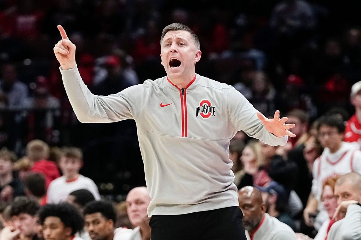 Ohio State Buckeyes head coach Jake Diebler yells during the first half of the NCAA men's basketball game against the Iowa Hawkeyes at Value City Arena on Jan. 27, 2025.