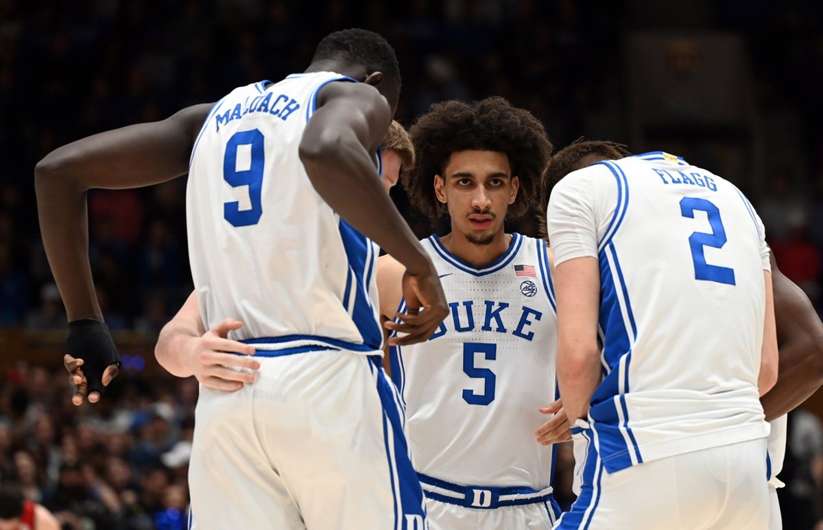 Jan 27, 2025; Durham, North Carolina, USA; Duke Blue Devils guard Tyrese Proctor (5) huddles with teammates prior to the first half against the North Carolina State Wolfpack at Cameron Indoor Stadium. Mandatory Credit: Rob Kinnan-Imagn Images