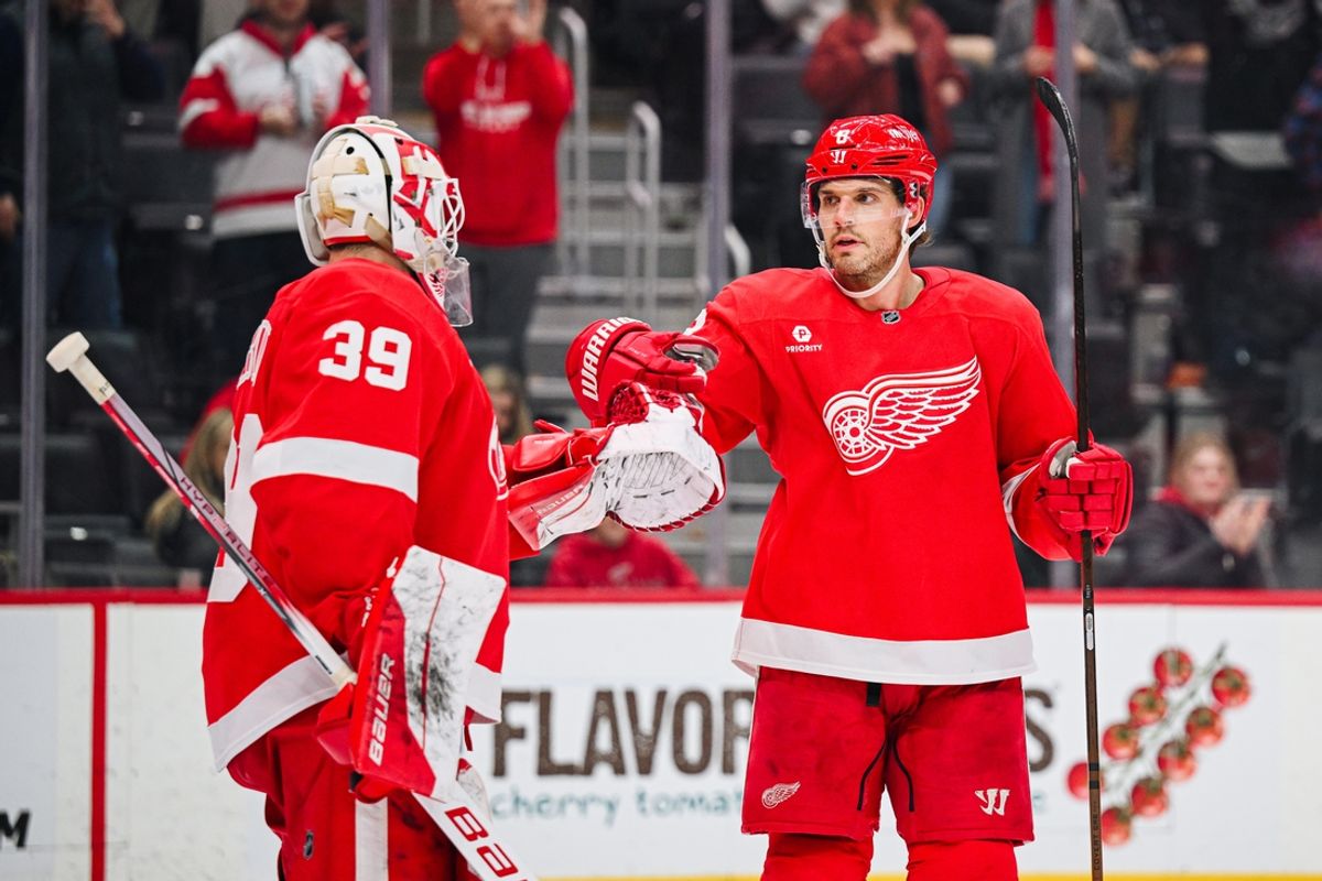 Jan 27, 2025; Detroit, Michigan, USA; Detroit Red Wings defenseman Ben Chiarot (8) and goaltender Cam Talbot (39) celebrate after a game against the Los Angeles Kings at Little Caesars Arena. Mandatory Credit: Tim Fuller-Imagn Images