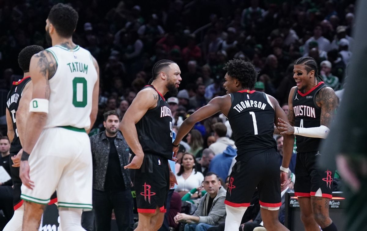Jan 27, 2025; Boston, Massachusetts, USA; Houston Rockets forward Dillon Brooks (9), forward Amen Thompson (1) and guard Jalen Green (4) react after defeating the Boston Celtics at TD Garden. Mandatory Credit: David Butler II-Imagn Images