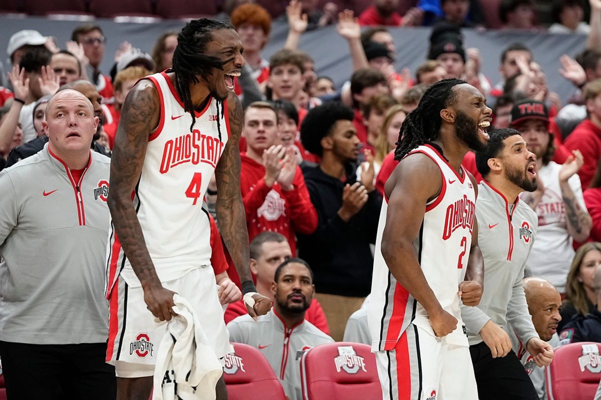 Ohio State Buckeyes forward Aaron Bradshaw (4) and guard Bruce Thornton (2) react from the bench during the second half of the NCAA men's basketball game against the Iowa Hawkeyes at Value City Arena on Jan. 27, 2025. Ohio State won 82-65.