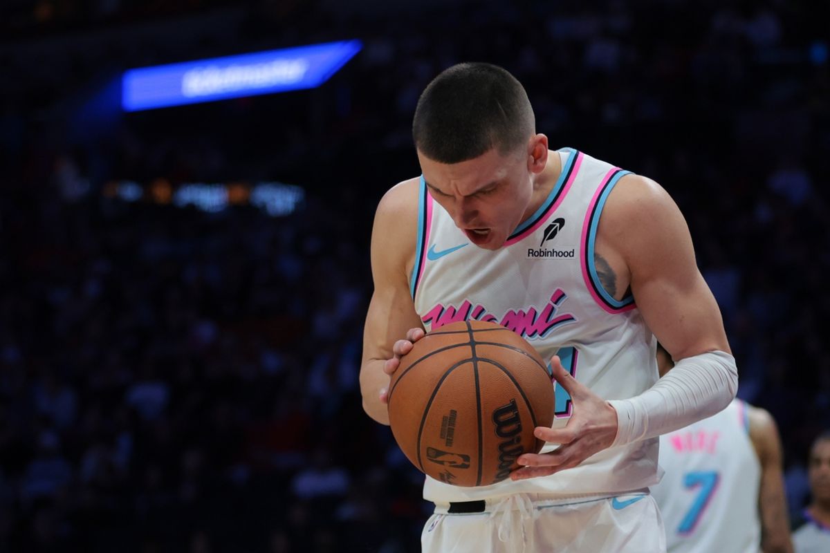 Jan 27, 2025; Miami, Florida, USA; Miami Heat guard Tyler Herro (14) reacts against the Orlando Magic during the third quarter at Kaseya Center. Mandatory Credit: Sam Navarro-Imagn Images