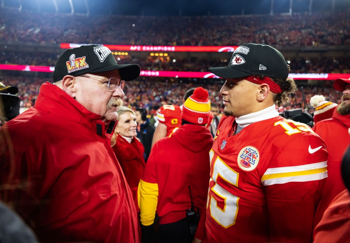 Jan 26, 2025; Kansas City, MO, USA; Kansas City Chiefs head coach Andy Reid (left) with quarterback Patrick Mahomes (15) after defeating the Buffalo Bills in the AFC Championship game at GEHA Field at Arrowhead Stadium. Mandatory Credit: Mark J. Rebilas-Imagn Images