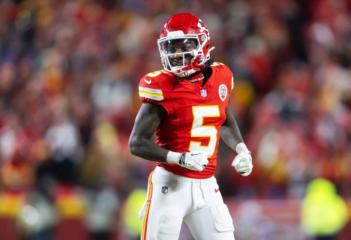 Jan 26, 2025; Kansas City, MO, USA; Kansas City Chiefs wide receiver Hollywood Brown (5) against the Buffalo Bills in the AFC Championship game at GEHA Field at Arrowhead Stadium. Mandatory Credit: Mark J. Rebilas-Imagn Images