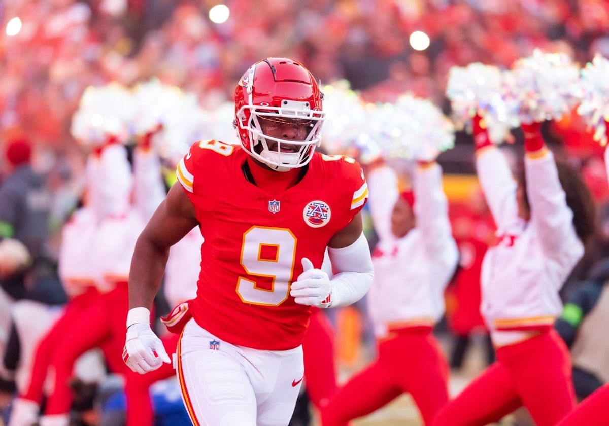 Jan 26, 2025; Kansas City, MO, USA; Kansas City Chiefs wide receiver JuJu Smith-Schuster (9) against the Buffalo Bills in the AFC Championship game at GEHA Field at Arrowhead Stadium. Mandatory Credit: Mark J. Rebilas-Imagn Images
