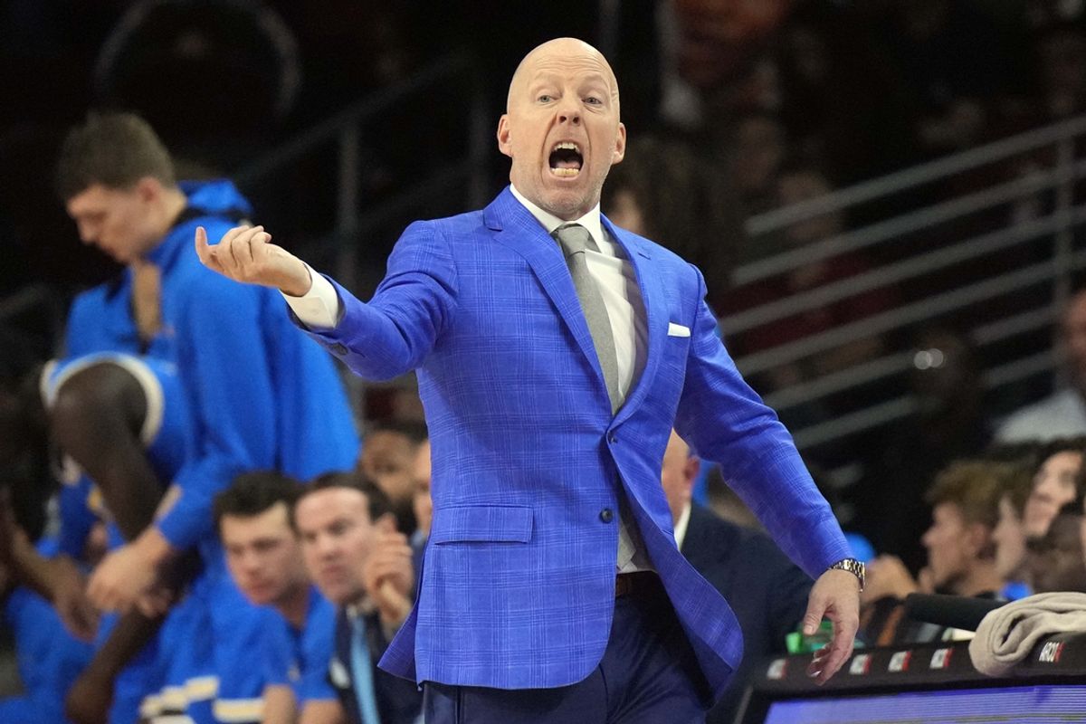 Jan 27, 2025; Los Angeles, California, USA; UCLA Bruins head coach Mick Cronin reacts against the Southern California Trojans at the Galen Center. Mandatory Credit: Kirby Lee-Imagn Images