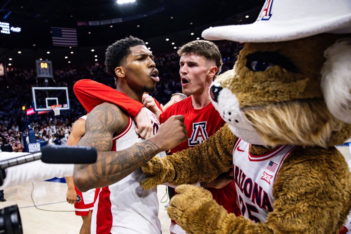 Jan 27, 2025; Tucson, Arizona, USA; Arizona Wildcats guard Caleb Love (1) celebrates the three pointe basket he made that ties the game and forces it into overtime against the Iowa State Cyclones at McKale Center. Mandatory Credit: Aryanna Frank-Imagn Images