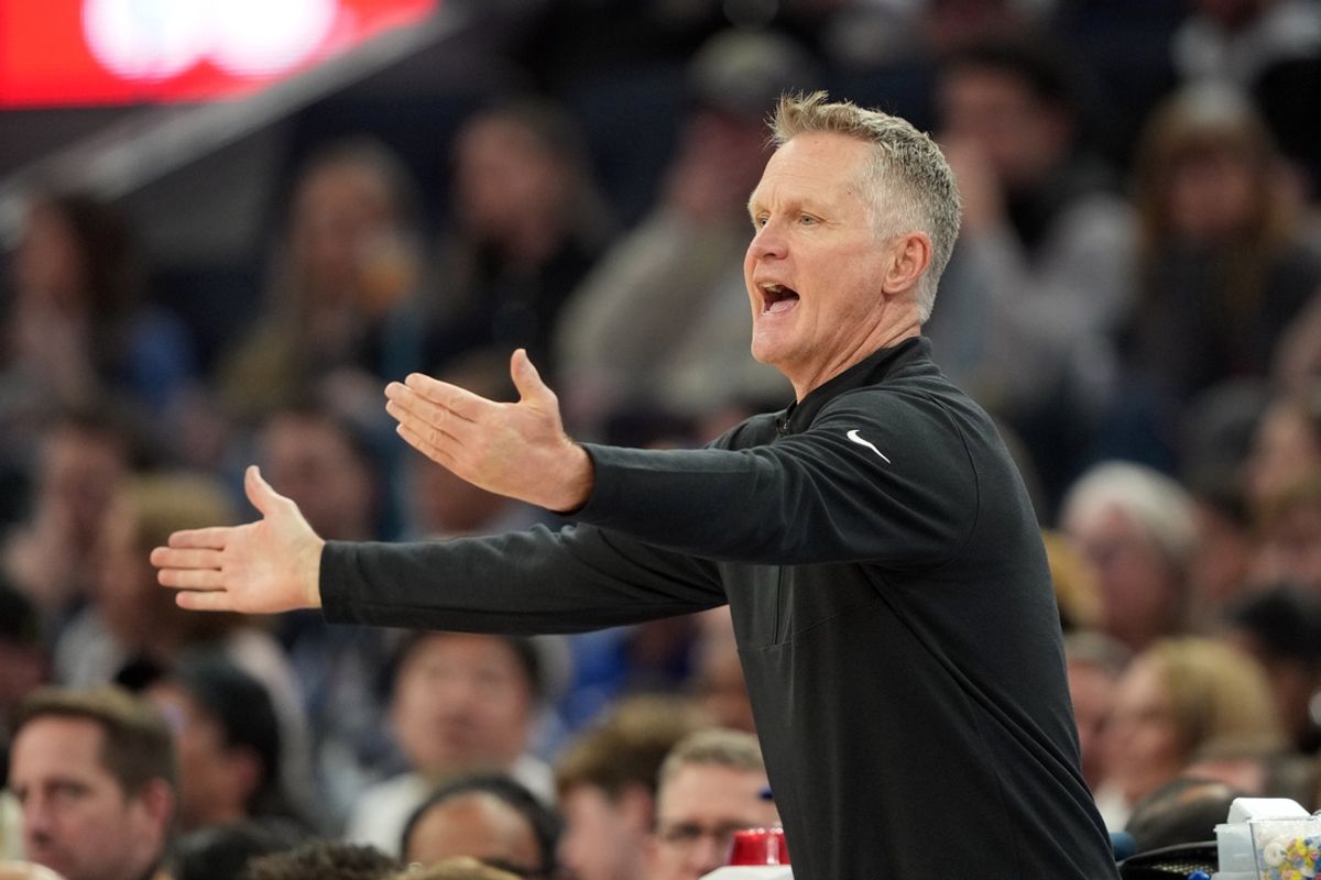 Jan 25, 2025; San Francisco, California, USA; Golden State Warriors head coach Steve Kerr yells during the third quarter against the Los Angeles Lakers at Chase Center. Mandatory Credit: Darren Yamashita-Imagn Images