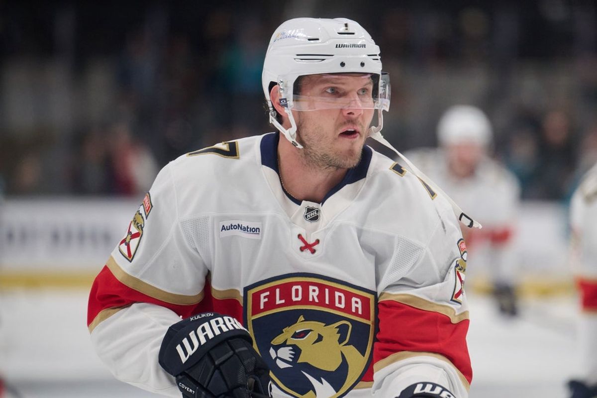 Jan 25, 2025; San Jose, California, USA; Florida Panthers defenseman Dmitry Kulikov (7) warms up before the game against the San Jose Sharks at SAP Center at San Jose. Mandatory Credit: Robert Edwards-Imagn Images