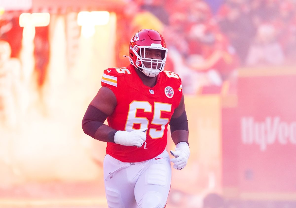 Jan 26, 2025; Kansas City, MO, USA; Kansas City Chiefs guard Trey Smith (65) against the Buffalo Bills in the AFC Championship game at GEHA Field at Arrowhead Stadium. Mandatory Credit: Mark J. Rebilas-Imagn Images