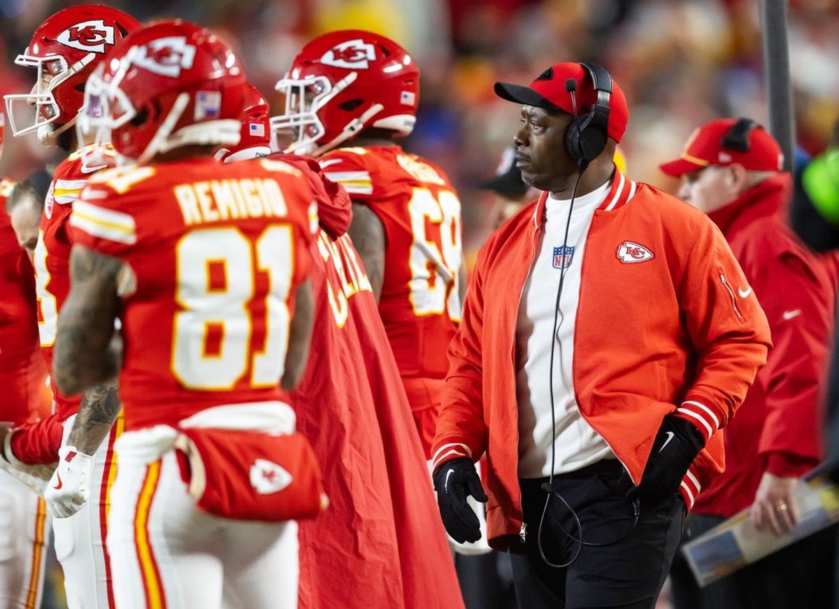 Jan 26, 2025; Kansas City, MO, USA; Kansas City Chiefs defensive backs coach Dave Merritt against the Buffalo Bills in the AFC Championship game at GEHA Field at Arrowhead Stadium. Mandatory Credit: Mark J. Rebilas-Imagn Images