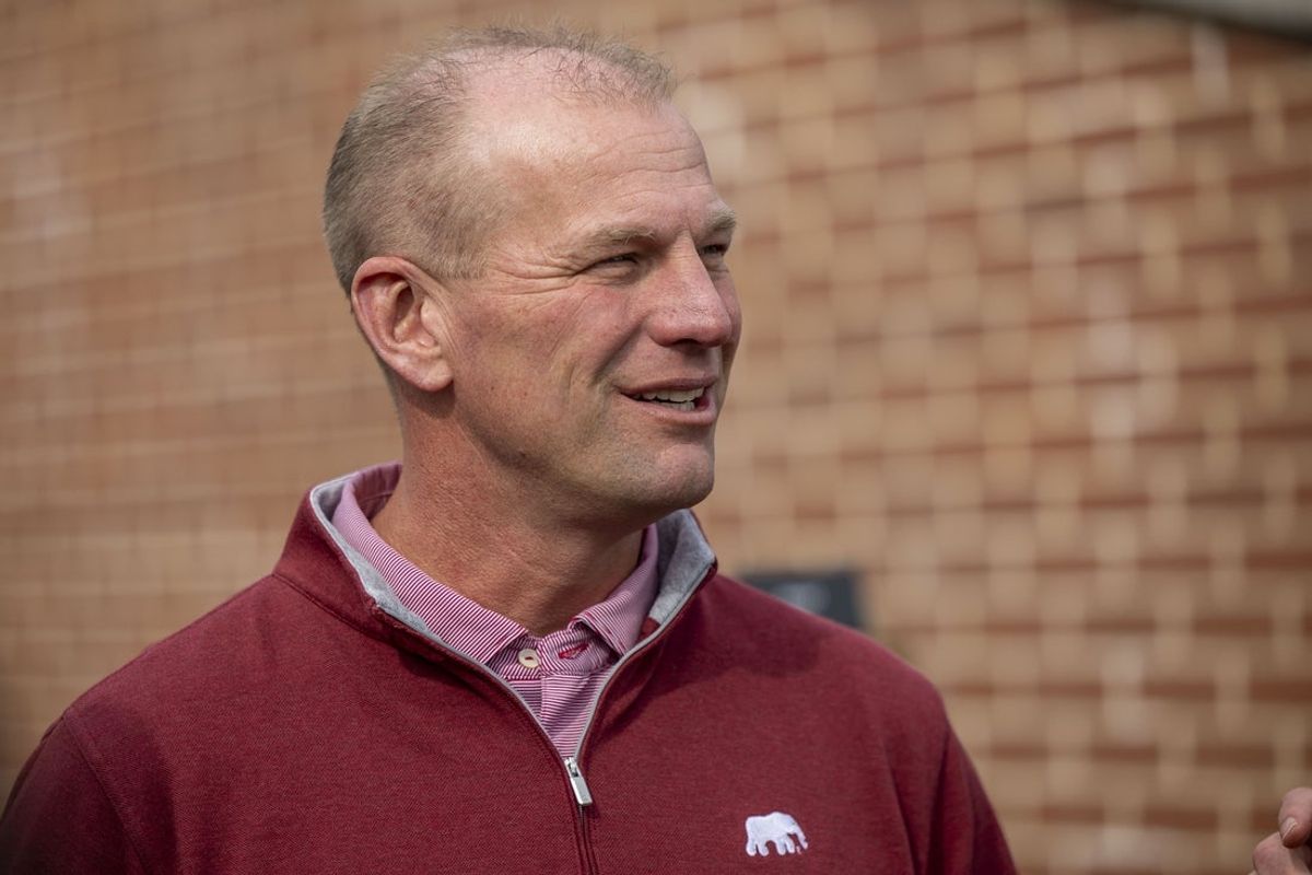 Jan 28, 2025; Mobile, AL, USA; Alabama football head coach Kalen DeBoer visits the field during Senior Bowl practice for the American team at Hancock Whitney Stadium. Mandatory Credit: Vasha Hunt-Imagn Images
