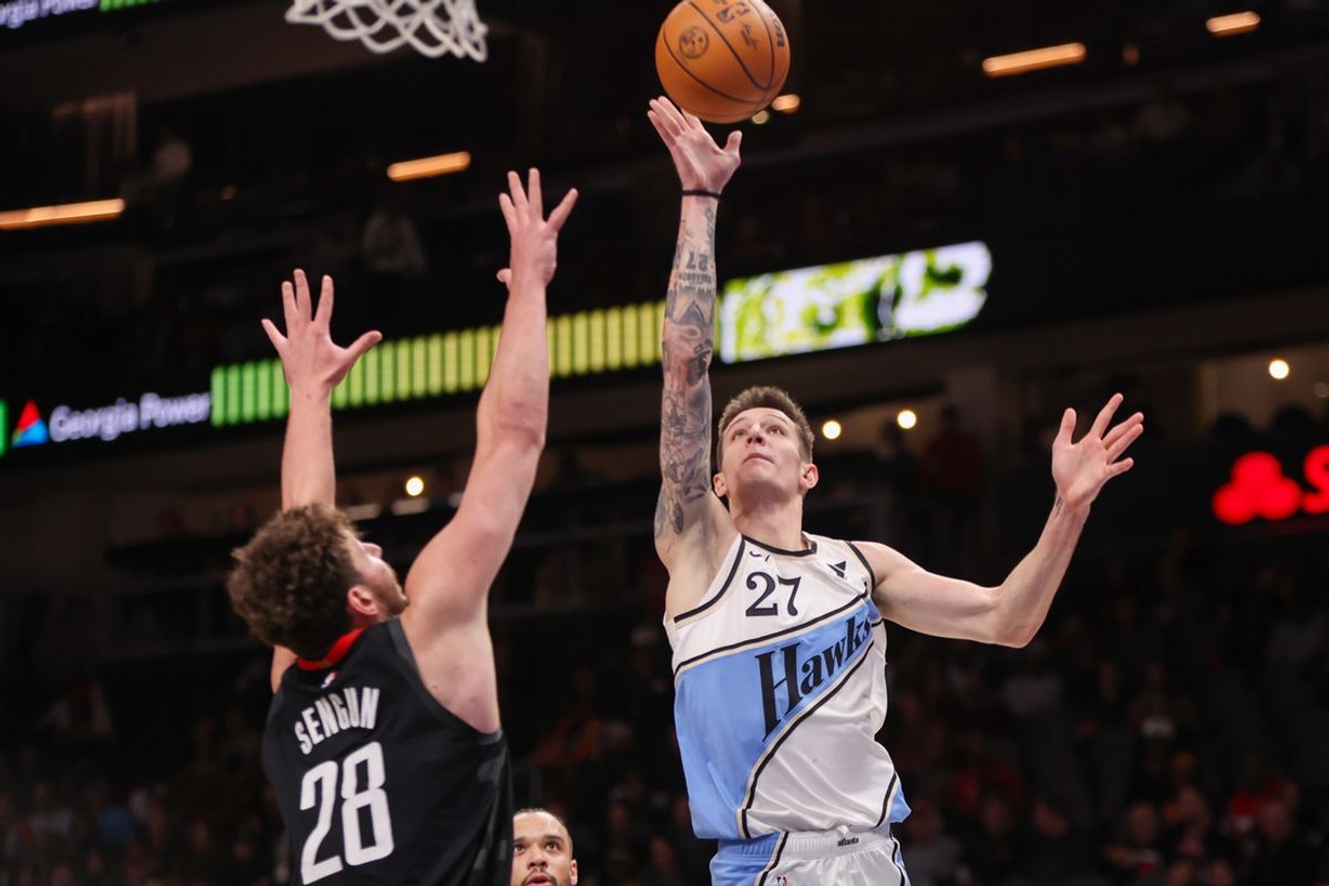 Jan 28, 2025; Atlanta, Georgia, USA; Atlanta Hawks guard Vit Krejci (27) shoots against the Houston Rockets in the first quarter at State Farm Arena. Mandatory Credit: Brett Davis-Imagn Images