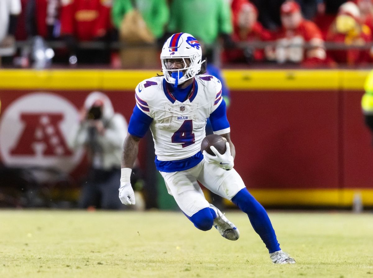 Jan 26, 2025; Kansas City, MO, USA; Buffalo Bills running back James Cook (4) against the Kansas City Chiefs during the AFC Championship game at GEHA Field at Arrowhead Stadium. Mandatory Credit: Mark J. Rebilas-Imagn Images