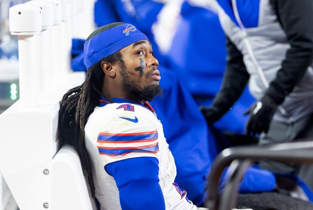 Jan 26, 2025; Kansas City, MO, USA; Buffalo Bills running back James Cook (4) reacts in the closing minutes of the game against the Kansas City Chiefs during the AFC Championship game at GEHA Field at Arrowhead Stadium. Mandatory Credit: Mark J. Rebilas-Imagn Images