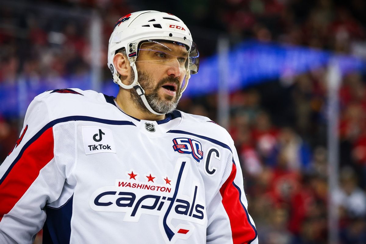 Jan 28, 2025; Calgary, Alberta, CAN; Washington Capitals left wing Alex Ovechkin (8) skates during the first period against the Calgary Flames at Scotiabank Saddledome. Mandatory Credit: Sergei Belski-Imagn Images