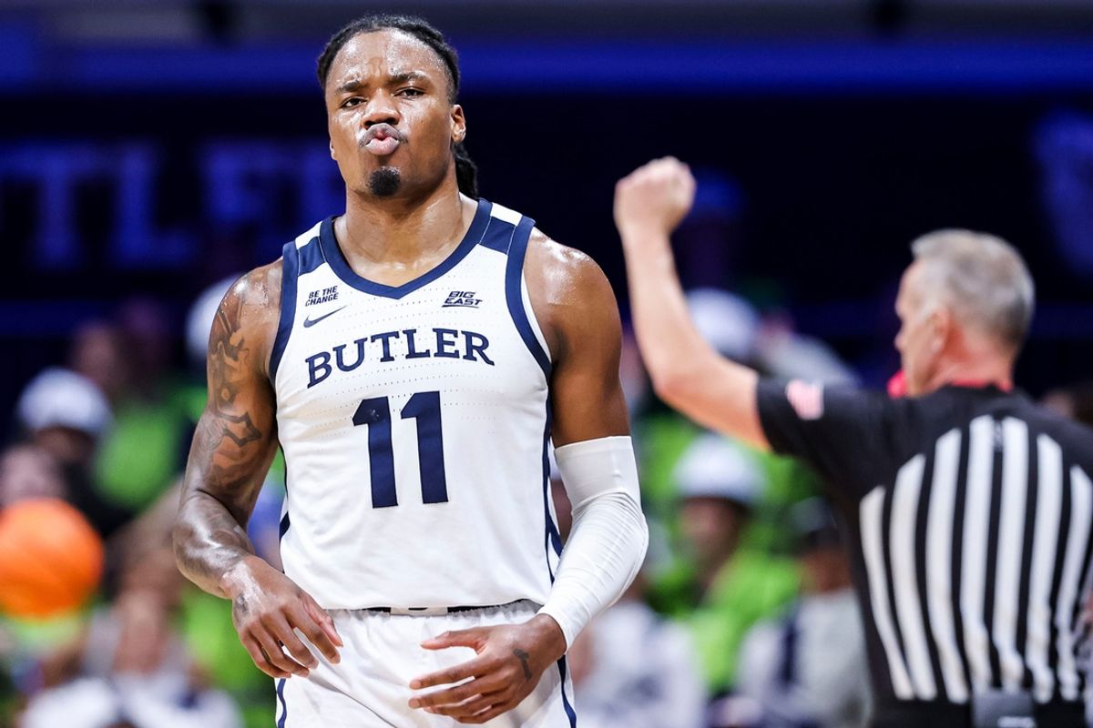 Butler Bulldogs forward Jahmyl Telfort (11) reacts to missing a 3-pointer Tuesday, Jan. 28, 2025, during an NCAA men’s basketball game between the Butler Bulldogs and the Marquette Golden Eagles at Hinkle Fieldhouse in Indianapolis.