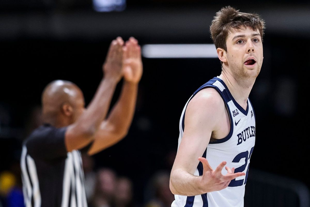 Butler Bulldogs forward Patrick McCaffery (22) celebrates a 3-pointer Tuesday, Jan. 28, 2025, during an NCAA men’s basketball game between the Butler Bulldogs and the Marquette Golden Eagles at Hinkle Fieldhouse in Indianapolis.