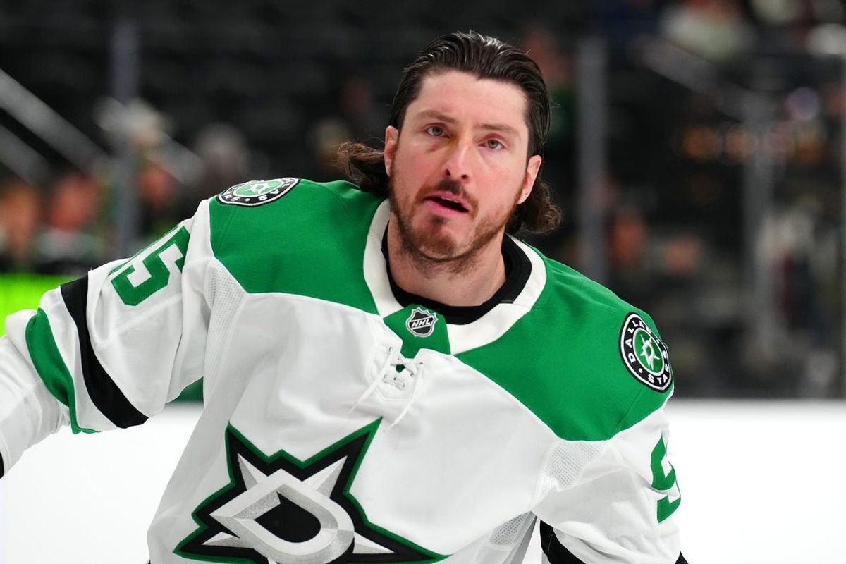 Jan 28, 2025; Las Vegas, Nevada, USA; Dallas Stars center Matt Duchene (95) warms up before a game against the Vegas Golden Knights at T-Mobile Arena. Mandatory Credit: Stephen R. Sylvanie-Imagn Images