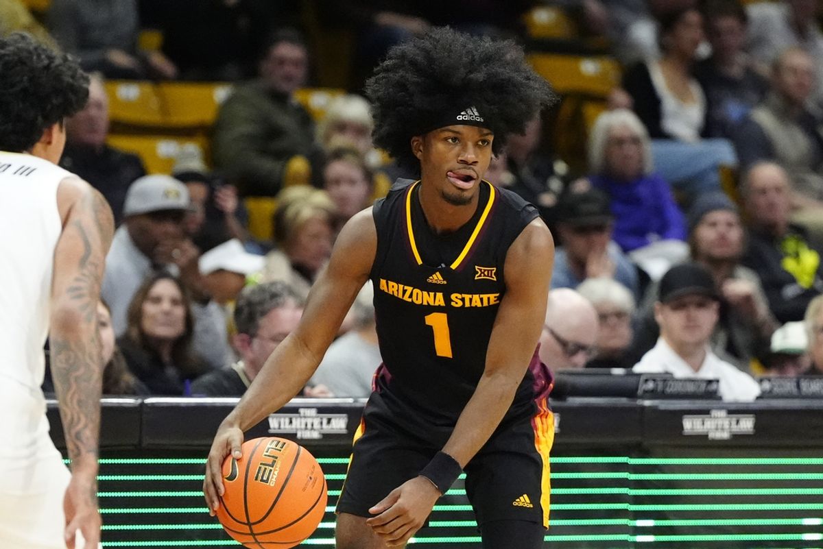 Jan 28, 2025; Boulder, Colorado, USA; Arizona State Sun Devils guard Alston Mason (1) controls the ball in the first half against the Colorado Buffaloes at CU Events Center. Mandatory Credit: Ron Chenoy-Imagn Images
