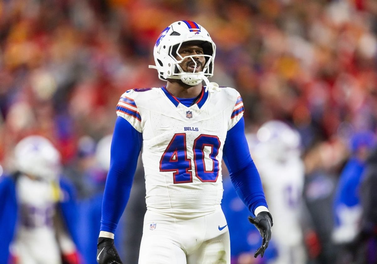 Jan 26, 2025; Kansas City, MO, USA; Buffalo Bills linebacker Von Miller (40) against the Kansas City Chiefs during the AFC Championship game at GEHA Field at Arrowhead Stadium. Mandatory Credit: Mark J. Rebilas-Imagn Images