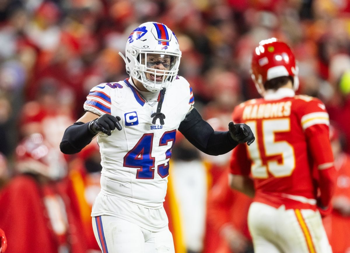 Jan 26, 2025; Kansas City, MO, USA; Buffalo Bills linebacker Terrel Bernard (43) against the Kansas City Chiefs during the AFC Championship game at GEHA Field at Arrowhead Stadium. Mandatory Credit: Mark J. Rebilas-Imagn Images