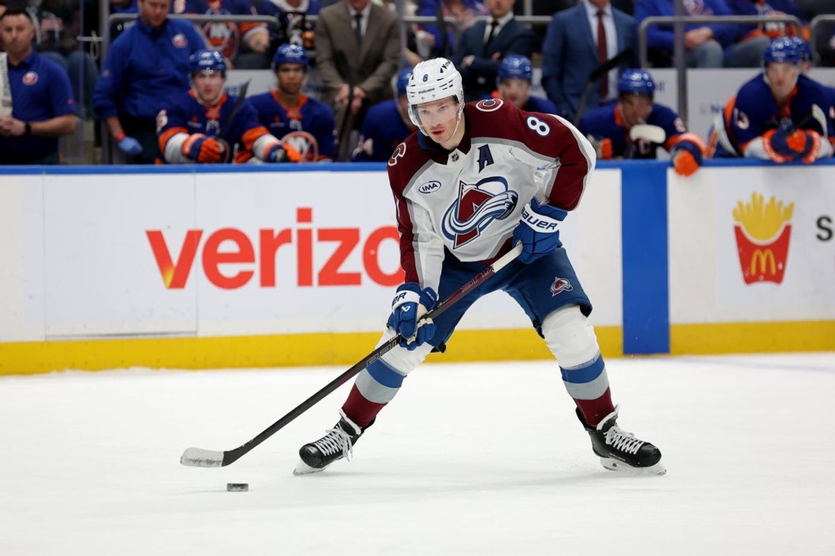 Jan 28, 2025; Elmont, New York, USA; Colorado Avalanche defenseman Cale Makar (8) skates with the puck against the New York Islanders during the third period at UBS Arena. Mandatory Credit: Brad Penner-Imagn Images