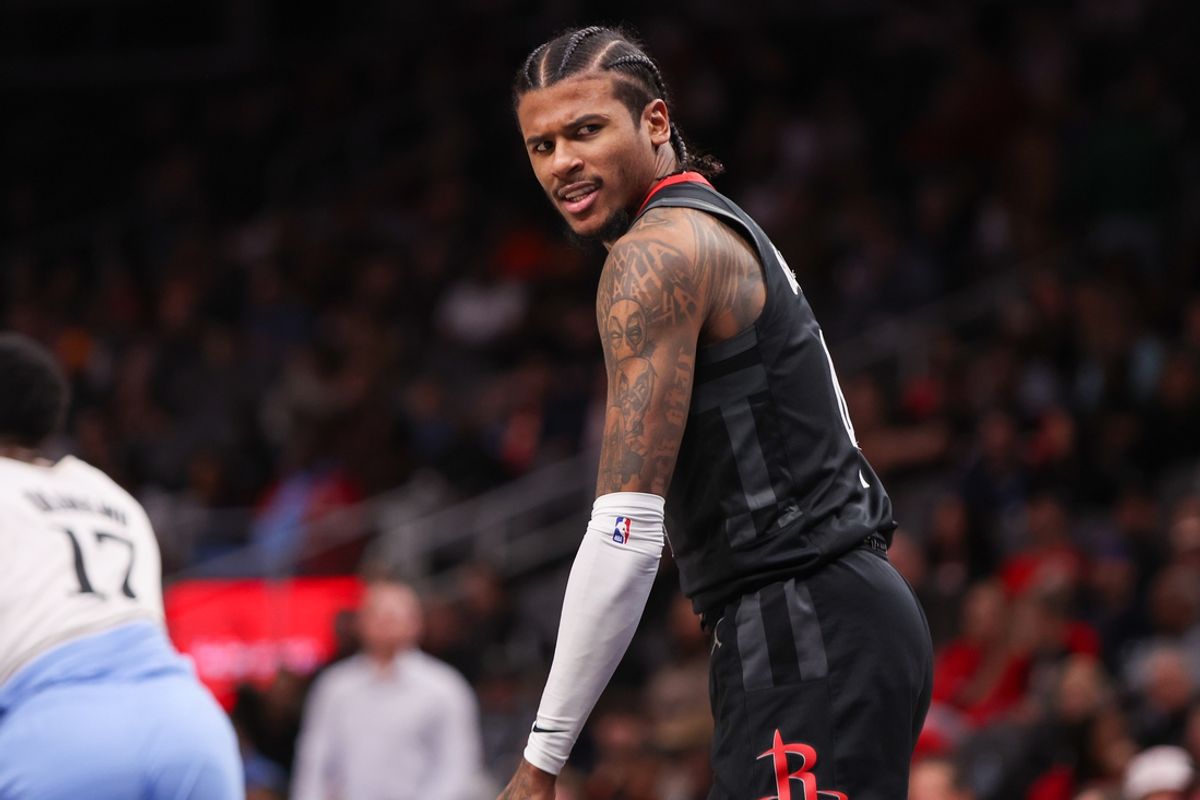 Jan 28, 2025; Atlanta, Georgia, USA; Houston Rockets guard Jalen Green (4) reacts after a dunk against the Atlanta Hawks in the third quarter at State Farm Arena. Mandatory Credit: Brett Davis-Imagn Images