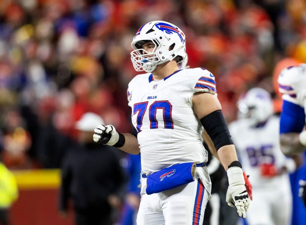Jan 26, 2025; Kansas City, MO, USA; Buffalo Bills offensive tackle Alec Anderson (70) against the Kansas City Chiefs during the AFC Championship game at GEHA Field at Arrowhead Stadium. Mandatory Credit: Mark J. Rebilas-Imagn Images