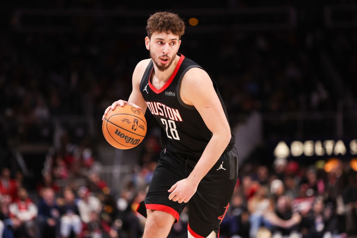 Jan 28, 2025; Atlanta, Georgia, USA; Houston Rockets center Alperen Sengun (28) dribbles against the Atlanta Hawks in the fourth quarter at State Farm Arena. Mandatory Credit: Brett Davis-Imagn Images