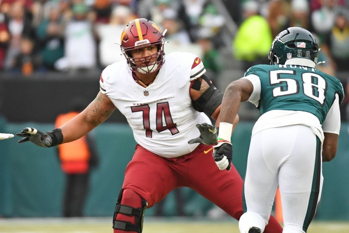 Jan 26, 2025; Philadelphia, PA, USA; Washington Commanders offensive tackle Brandon Coleman (74) against the Philadelphia Eagles in the NFC Championship game at Lincoln Financial Field. Mandatory Credit: Eric Hartline-Imagn Images