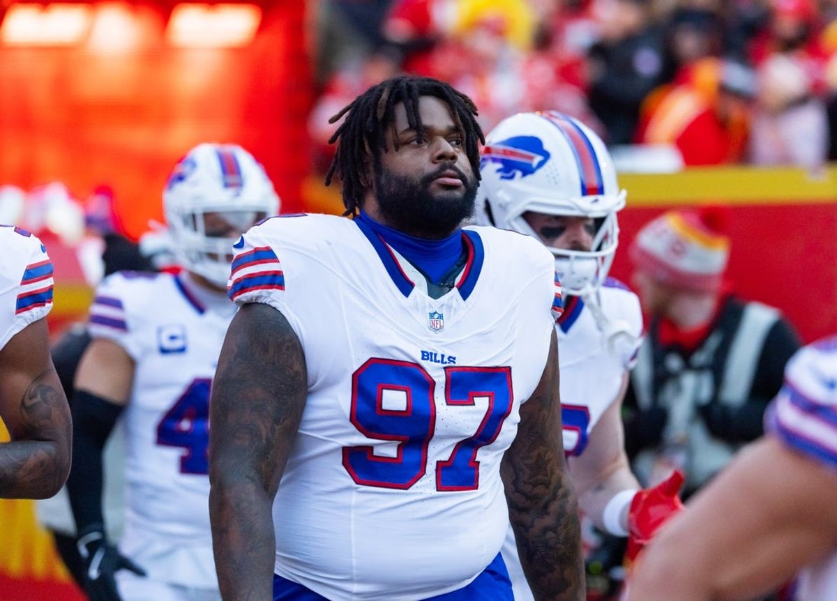 Jan 26, 2025; Kansas City, MO, USA; Buffalo Bills defensive tackle Jordan Phillips (97) against the Kansas City Chiefs during the AFC Championship game at GEHA Field at Arrowhead Stadium. Mandatory Credit: Mark J. Rebilas-Imagn Images