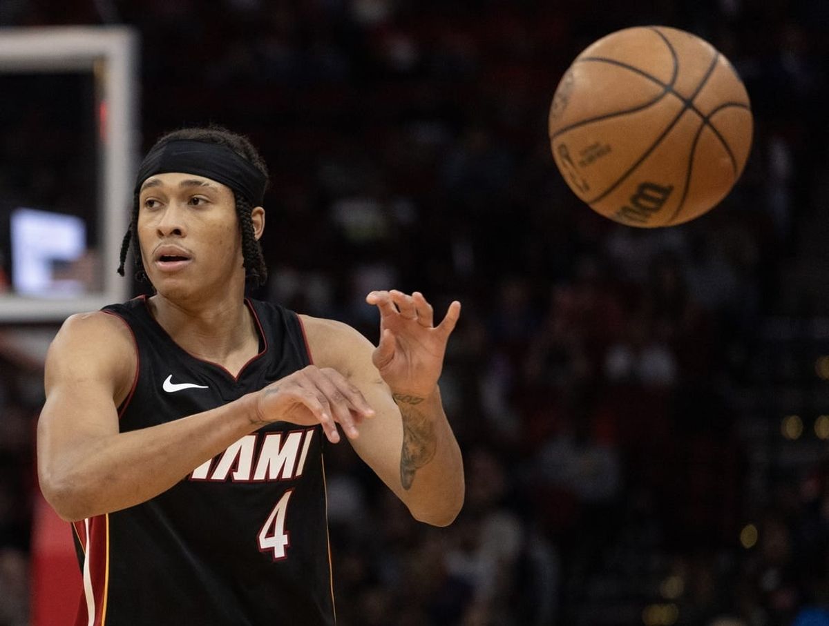 Oct 20, 2023; Houston, Texas, USA; Miami Heat guard R.J. Hampton (4) passes against the Houston Rockets  in the fourth quarter at Toyota Center.