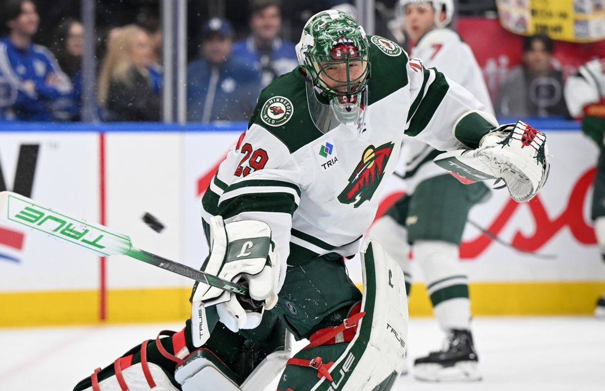 Jan 29, 2025; Toronto, Ontario, CAN;  Minnesotas Wild goalie Marc-Andre Fleury (29) warms up before playing the Toronto Maple Leafs at Scotiabank Arena. Mandatory Credit: Dan Hamilton-Imagn Images