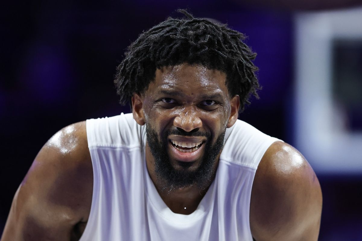 Jan 29, 2025; Philadelphia, Pennsylvania, USA; Philadelphia 76ers Joel Embiid practices before his team takes the court for a game against the Sacramento Kings at Wells Fargo Center. Mandatory Credit: Bill Streicher-Imagn Images