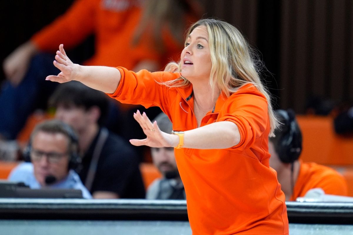 Oklahoma State coach Jacie Hoyt gestures during a women's college basketball game between the Oklahoma State Cowgirls (OSU) and the Arizona State Sun Devils at Gallagher-Iba Arena in Stillwater, Okla., Wednesday, Jan. 29, 2025.