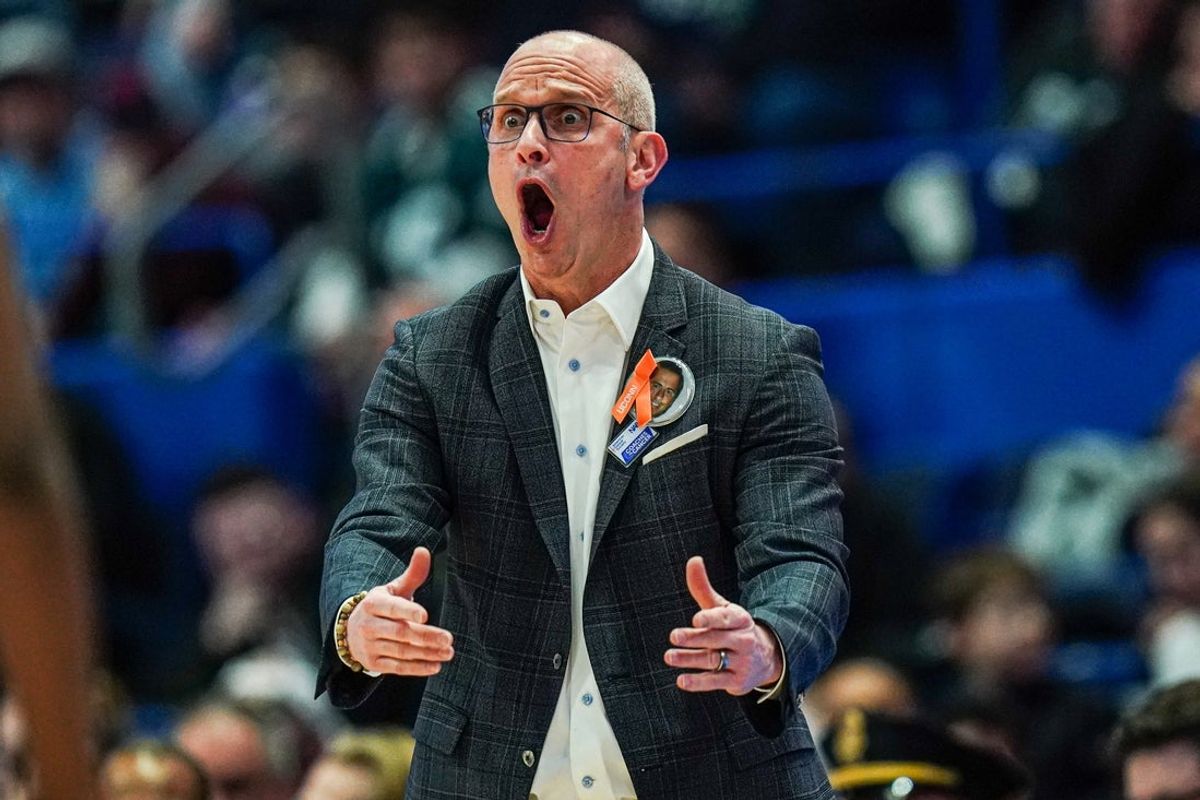Jan 29, 2025; Hartford, Connecticut, USA; UConn Huskies head coach Dan Hurley watches from the sideline as they take on the DePaul Blue Demons at XL Center. Mandatory Credit: David Butler II-Imagn Images