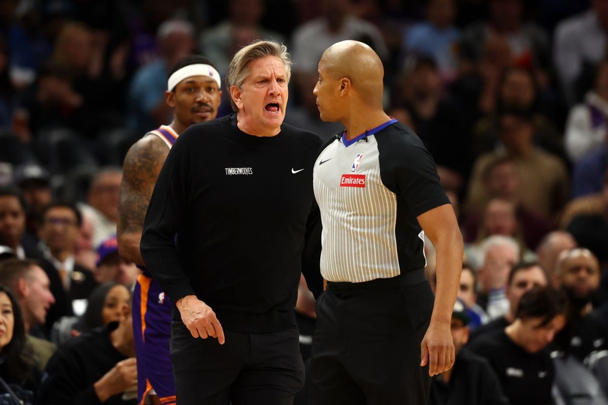 Jan 29, 2025; Phoenix, Arizona, USA; Minnesota Timberwolves head coach Chris Finch reacts against the Phoenix Suns in the second half at Footprint Center. Mandatory Credit: Mark J. Rebilas-Imagn Images