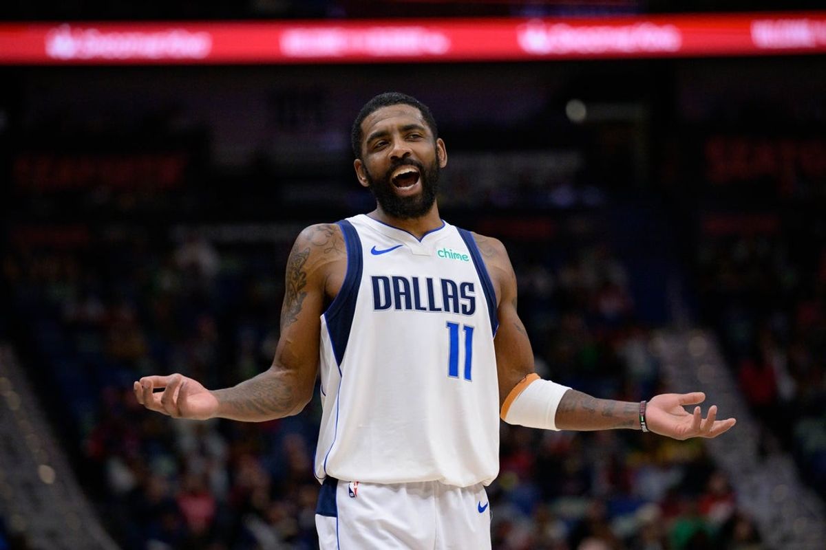 Jan 29, 2025; New Orleans, Louisiana, USA;  Dallas Mavericks guard Kyrie Irving (11) reacts to fan during the second half against the New Orleans Pelicans at Smoothie King Center. Mandatory Credit: Matthew Hinton-Imagn Images