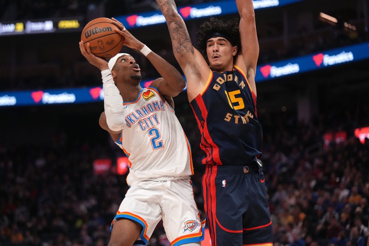 Jan 29, 2025; San Francisco, California, USA; Oklahoma City Thunder guard Shai Gilgeous-Alexander (2) is fouled by Golden State Warriors forward Gui Santos (15) in the second quarter at the Chase Center. Mandatory Credit: Cary Edmondson-Imagn Images