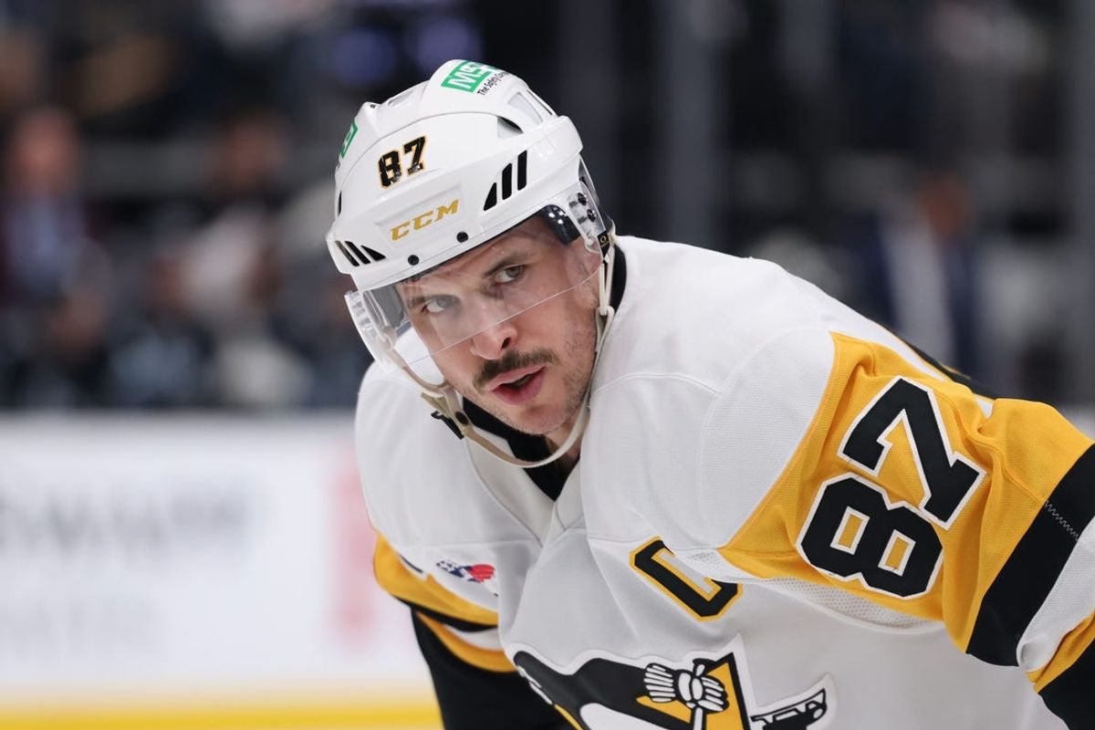 Jan 29, 2025; Salt Lake City, Utah, USA; Pittsburgh Penguins center Sidney Crosby (87) waits for a faceoff against the Utah Hockey Club during the third period at Delta Center. Mandatory Credit: Rob Gray-Imagn Images